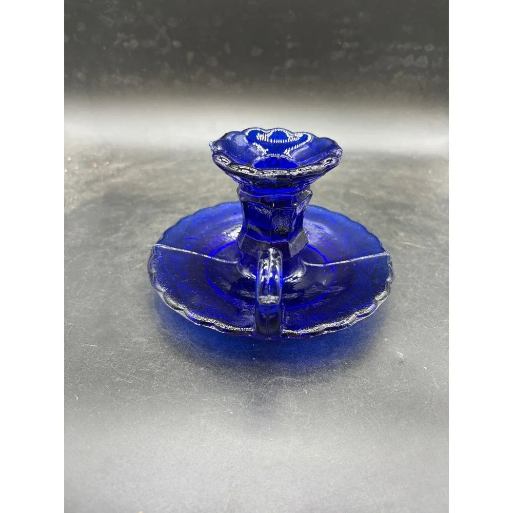 Vintage Cobalt Blue Glass Chamberstick Candle Holder Scalloped Finger Loop 3.5in